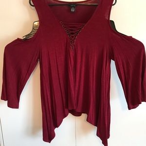 Cold shoulder, lace up front blouse